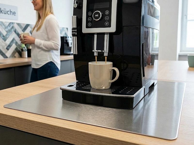 Matallische Brandschutzunterlage unter einer Kaffeemaschine in einer modernen Büro Küche und Aufenthaltsraum